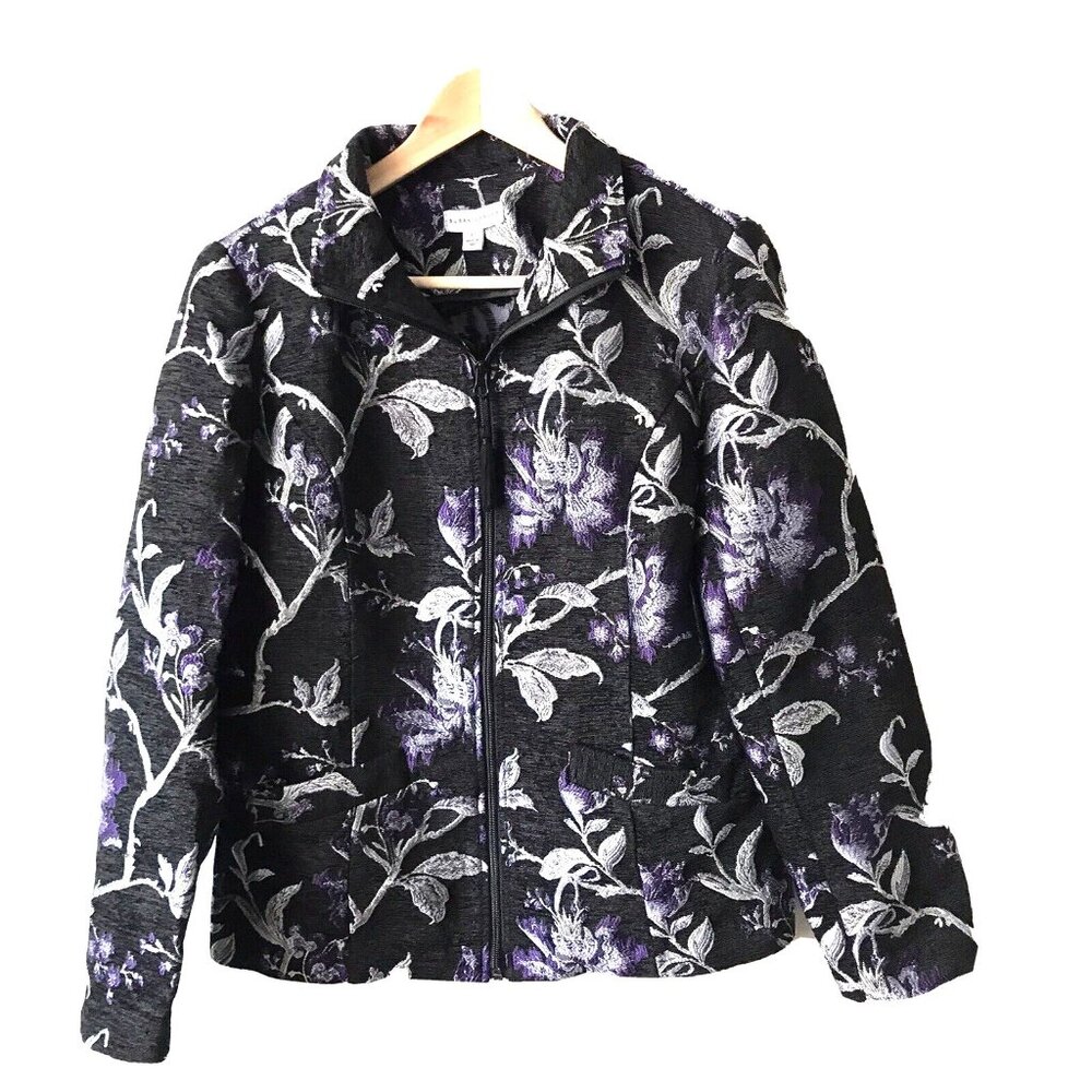 Susan‎ Graver black embroidered tapestry floral jacket zip up tassel women sz 10
